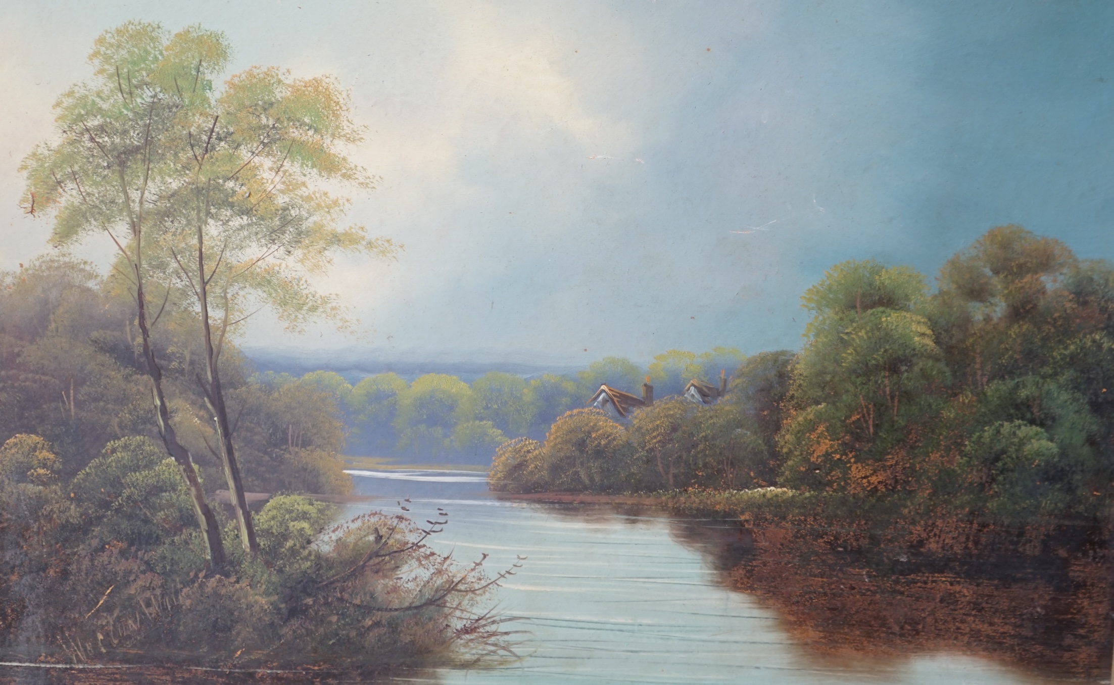 Edwardian School, pair of oils on board, River landscapes, indistinctly signed, 48 x 74cm. Condition - fair
